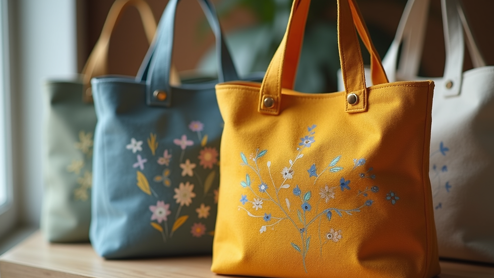 Close-up view of handmade eco-friendly bags made from recycled fabric