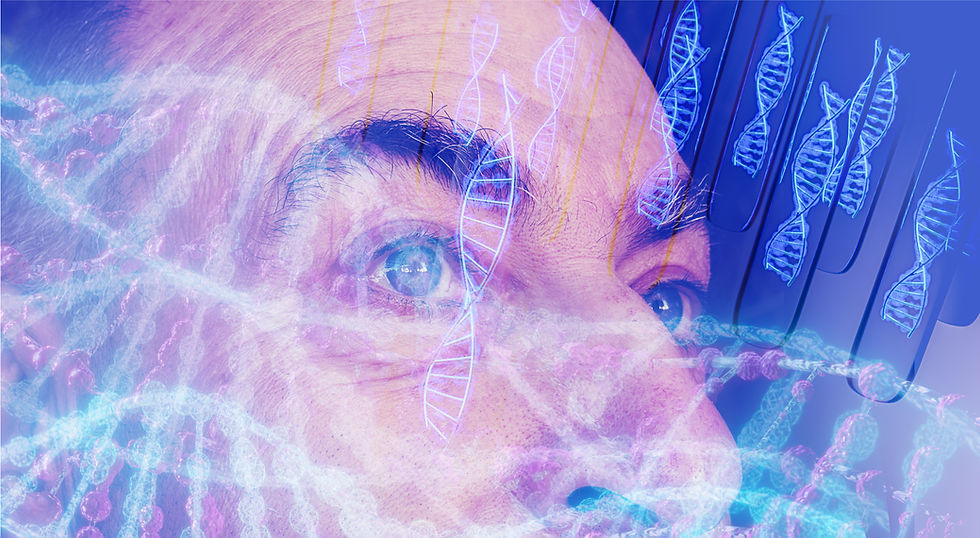 Close up photo of a human face with blue and pink genetic symbols in the foreground.