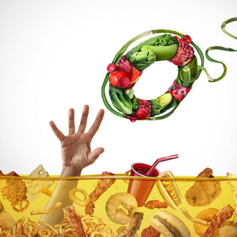 Hand reaching from fast food into healthy veggie circle above, symbolizing struggle for healthy choices. Bright, colorful, motivational scene.