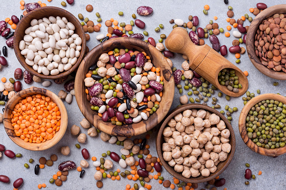 Bowls of assorted beans, lentils and chickpeas with a wooden scoop scattered on a gray surface