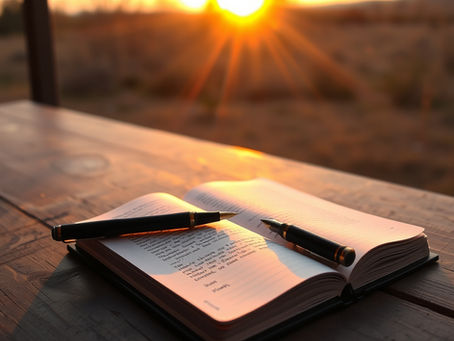 An open journal and fountain pen on a wooden table bathed in warm golden sunset light