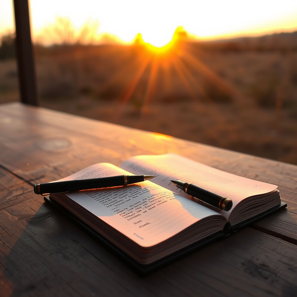 An open journal and fountain pen on a wooden table bathed in warm golden sunset light