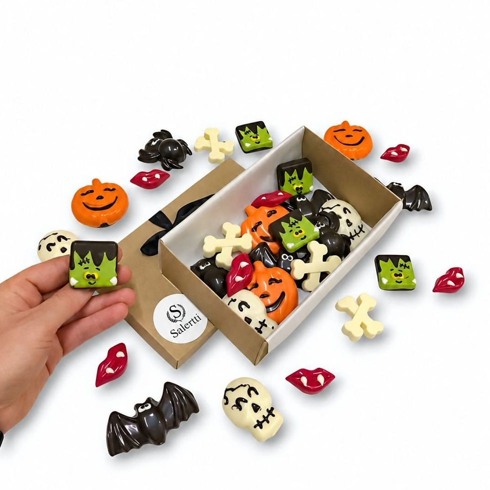 Chocolates con formas de calabazas, murciélagos y esqueletos.