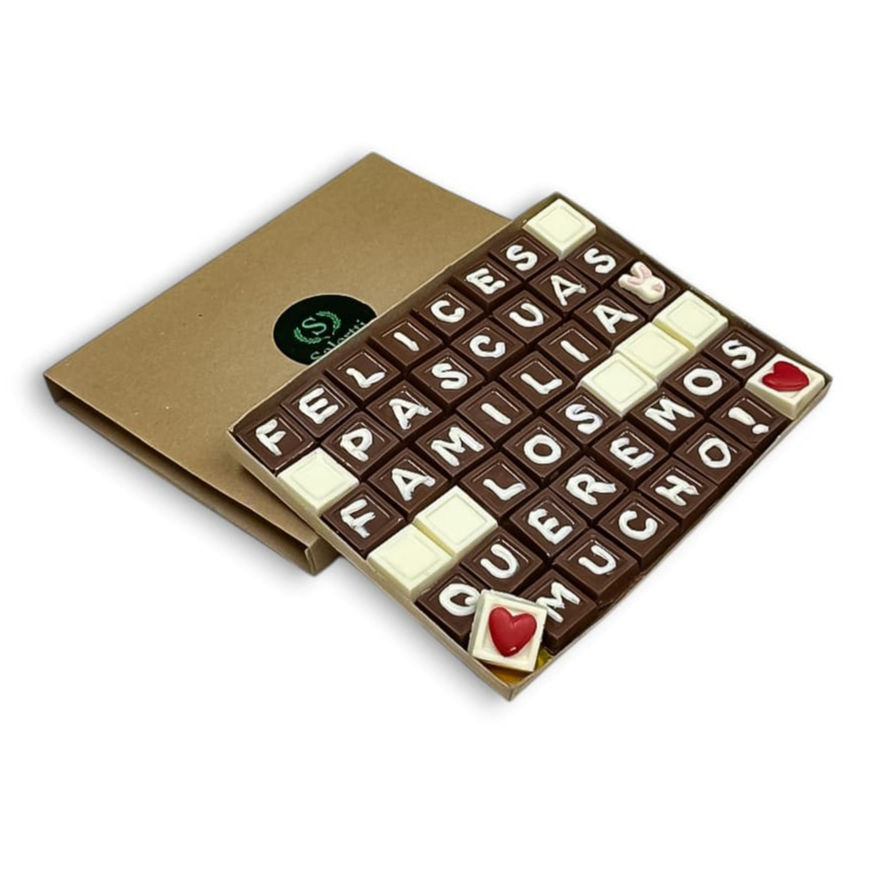 Caja de chocolates con mensaje personalizado de Pascua en 6 filas, elaborada con chocolate de alta calidad.