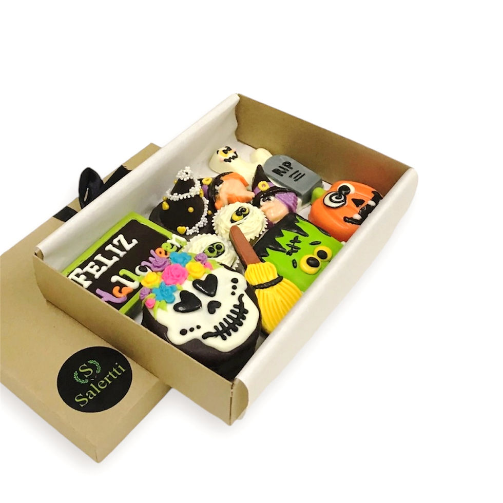 Box Spooky con alfajores, trufas y chocolates decorados para Halloween