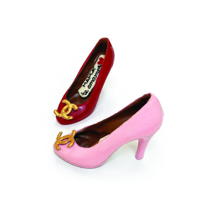 Zapato de chocolate personalizado en tono rosa y rojo