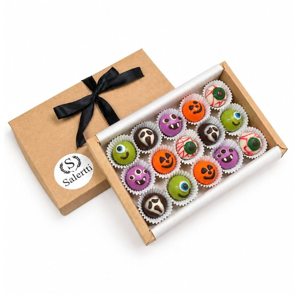 Caja de 15 bombones de chocolate decorados para Halloween.