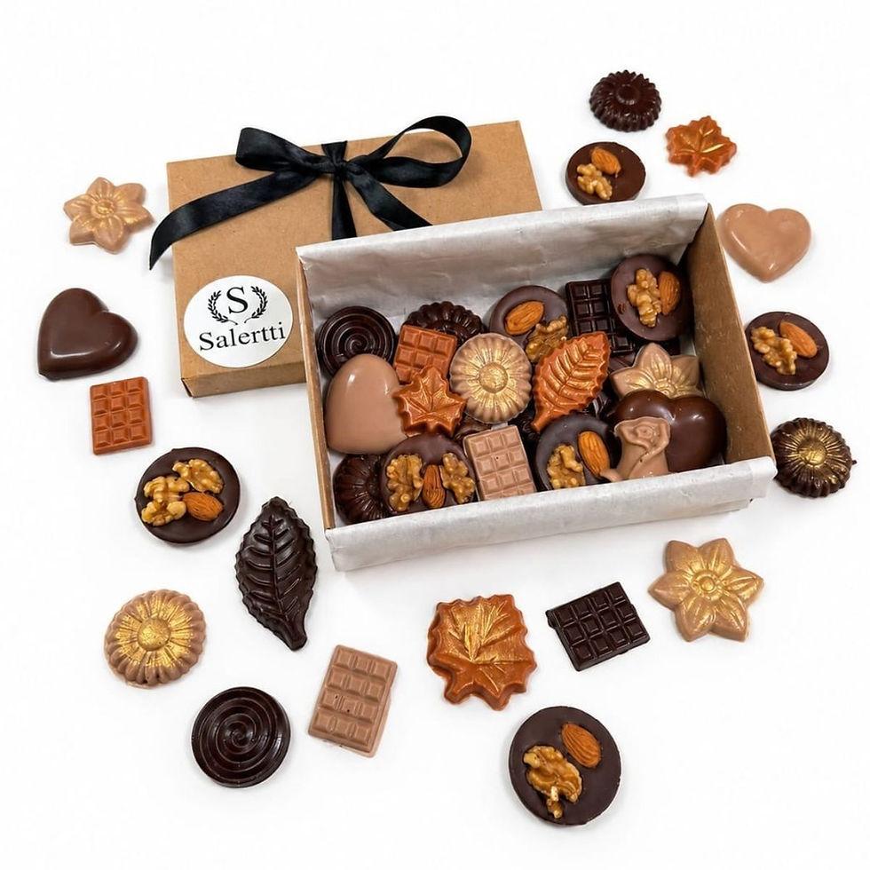 Caja gourmet con variedad de chocolates artesanales que expresan perfiles únicos del cacao.