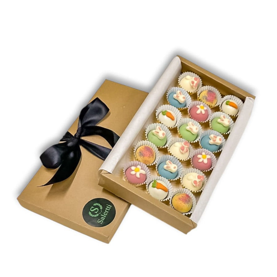 Caja con 18 bombones de Pascua decorados y personalizables.