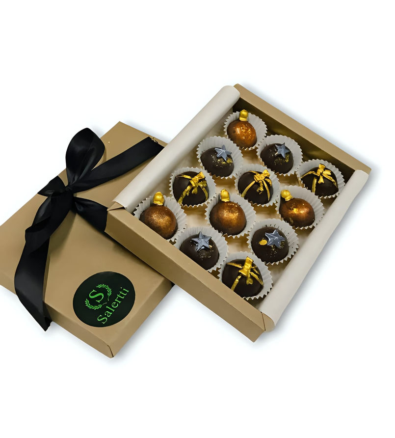 Caja de bombones navideños sin azúcar con decoraciones festivas en tamaños de 12, 15 o 18 unidades.