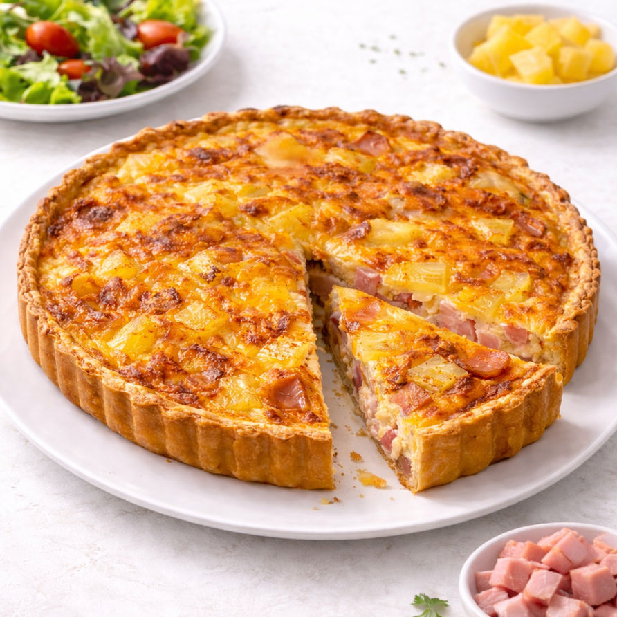 Tarta de jamón, muzzarella y ananá con porción cortada, relleno cremoso y base dorada crocante