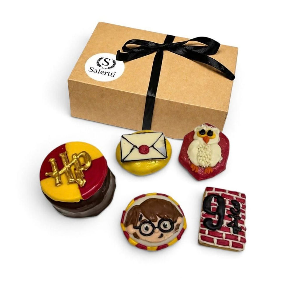 Box Harry Potter con alfajor de dulce de leche y 4 cookies decoradas temáticas