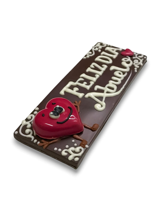 Tableta de chocolate con diseño de corazón animado y opción de mensaje personalizado.
