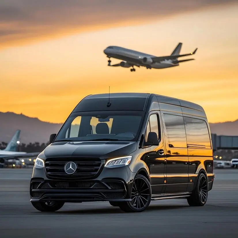 Black Mercedes Sprinter van at airport