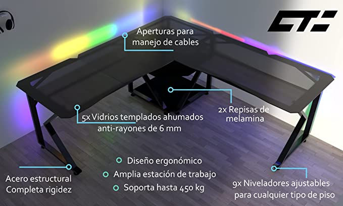 Miniatura: Escritorio Gamer en L CTS BLACK KL Ultra con LED A-RGB Bluetooth