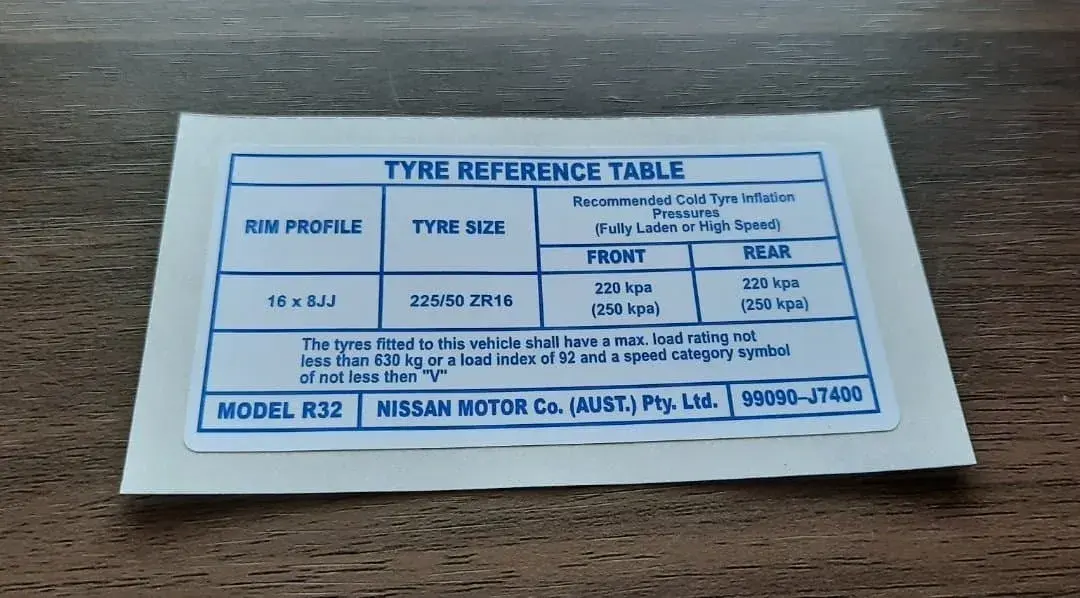 Nissan Skyline GTR R32 Tyre Reference Table