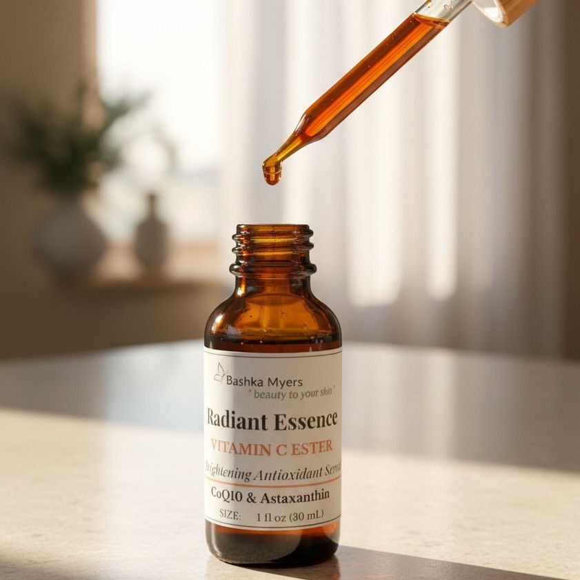 Radiant Essence antioxidant facial oil with astaxanthin, THD Vitamin C, and prickly pear, photographed in natural light.”