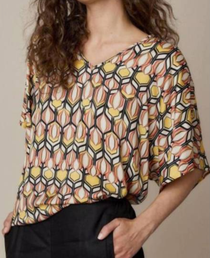 SUM: Vneck geometric print top in multicolor