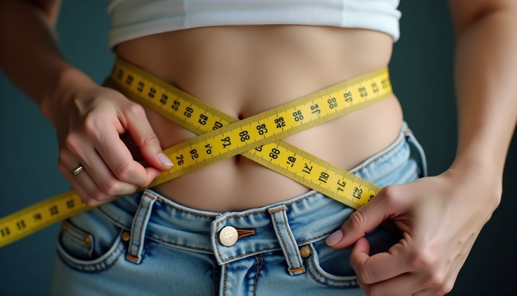 Close-up view of a measuring tape wrapped around a waist