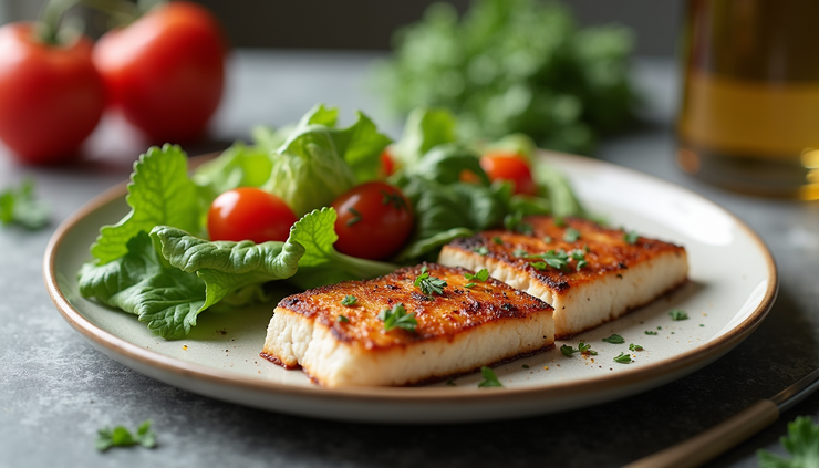 High angle view of healthy meal with vegetables and lean protein