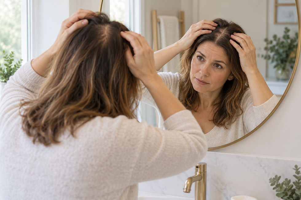 Woman checking her hair parting in a bathroom mirror for signs of thinning.
