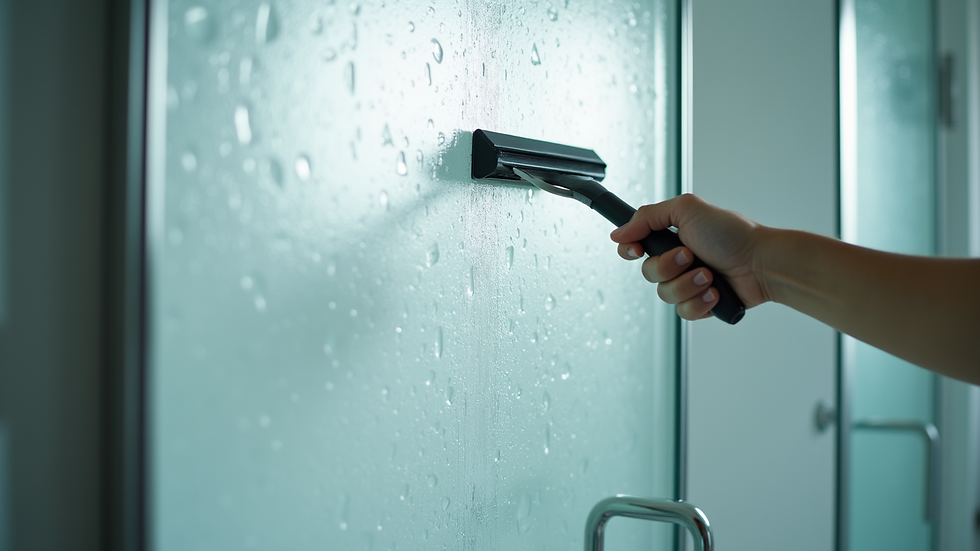 Eye-level view of a person using a squeegee on shower glass doors