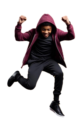 boy jumoing in the air, wearing a unzipped hoodie, hood covers head, tee, joggers, and hig
