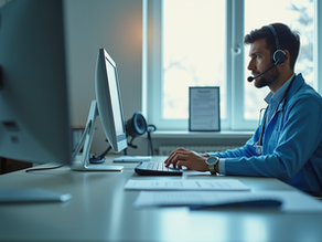Transcriptionist sitting at a desk busy transcribing