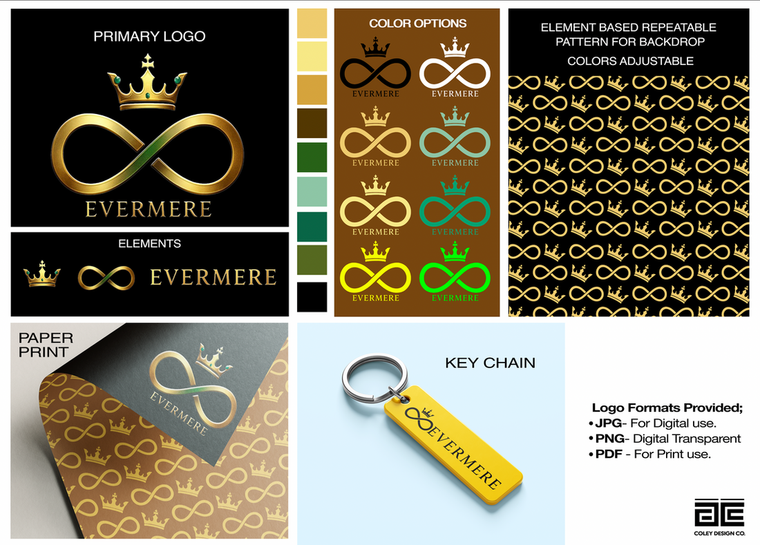 Evermore brand package with gold logo, patterns and stationery