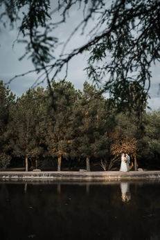 Bride and groom stand beside Windmill Winery's scenic water feature, framed by hanging willow branches and tree-lined shoreline in romantic setting.
