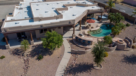 View of Backyard Estate - multiple dining areas, pool, hot tub, fire-pit, games