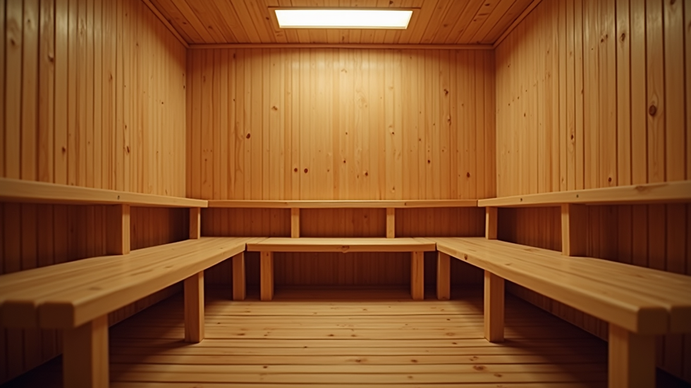 Eye-level view of a serene sauna interior with wooden benches