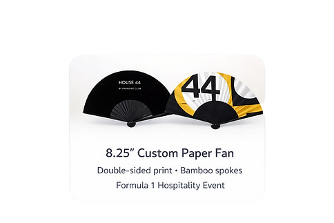 Spotlight image highlighting a FanYourBrand custom folding fan with bold artwork and premium materials.