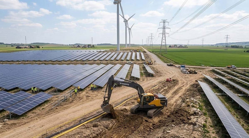 Excavator lays cables at a large-scale energy transition project with a solar park and wind turbines in the living environment.
