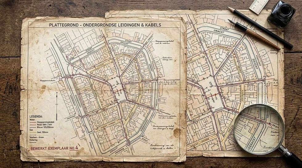 An old paper map of underground pipes and cables