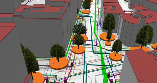 3D-visualisatie van de ondergrond onder het Rotterdamse kruispunt, met inzicht in kabels en leidingen en bomen