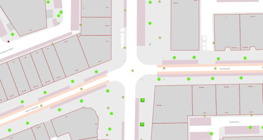 Bovenaanzicht van een traditionele, platte 2D-kaart van een kruispunt in Rotterdam met kadastrale lijnen en boomlocaties