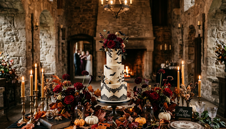 Wide-angle view of a Halloween wedding cake table with pumpkins and autumn flowers.