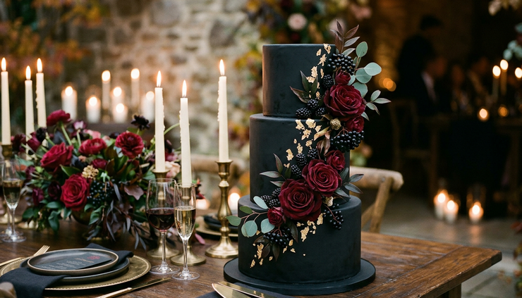 Eye-level view of a black gothic wedding cake with burgundy flowers and candlelight.