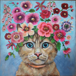 Kat met roze bloemenboeket