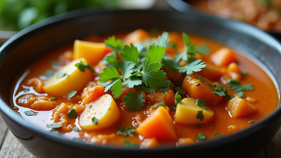 Close-up of a bowl of vibrant vegetable curry with fresh herbs