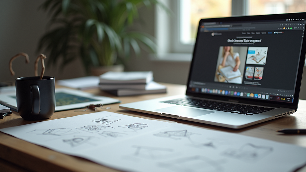Close-up view of a designer’s desk with sketches and a laptop showing a website layout