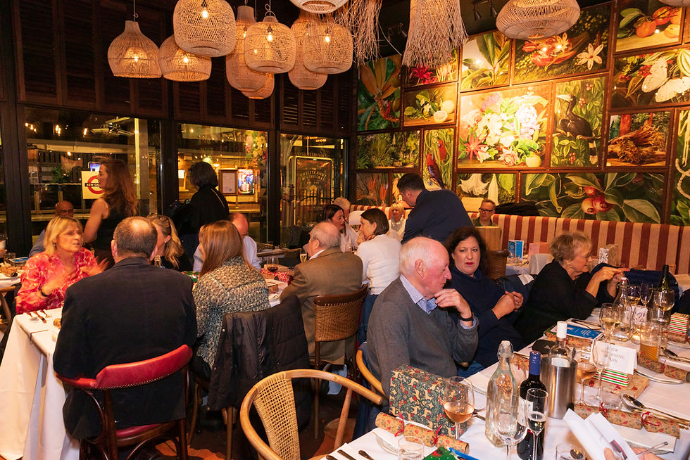 People dining in a restaurant with tropical wall art.