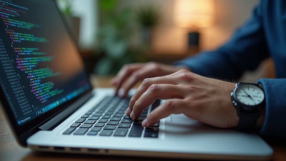Close-up of a developer’s hands typing code on a laptop keyboard