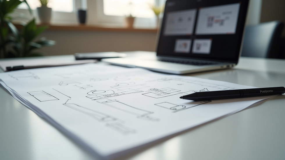 Close-up view of a designer’s desk with sketches and a laptop showing ecommerce wireframes