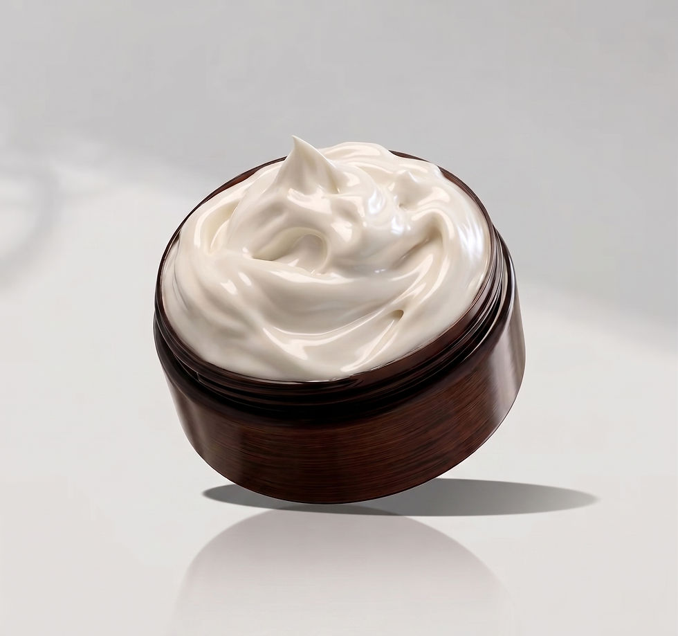 Small brown jar filled with thick, white facial cream.