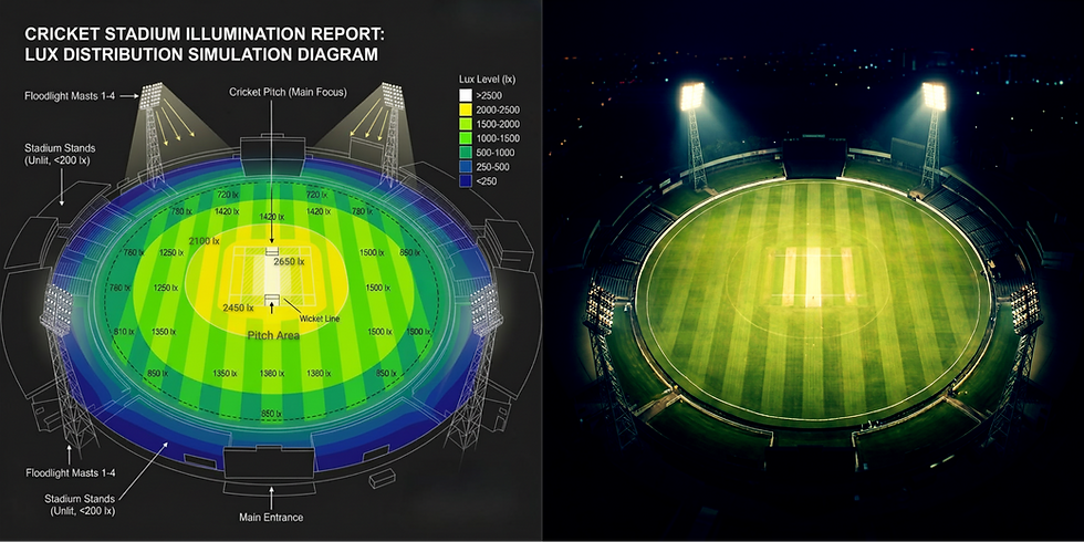 Photometric lux distribution simulation diagram for professional LED cricket stadium high-mast lighting
