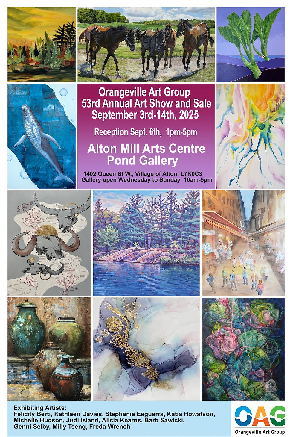 Collage for Orangeville Art Group's 53rd Annual Show, Sep 3-14, 2025. Various colorful art pieces with text details and reception info.