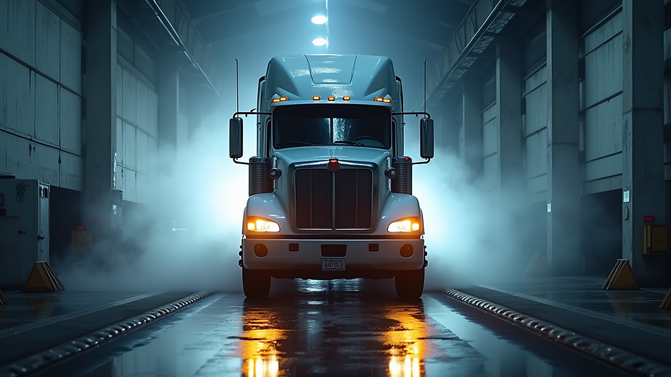 Eye-level view of a heavy-duty diesel truck undergoing emissions testing