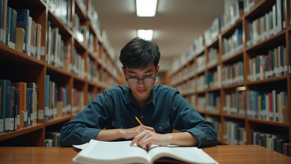 Eye-level view of a student studying in a library
